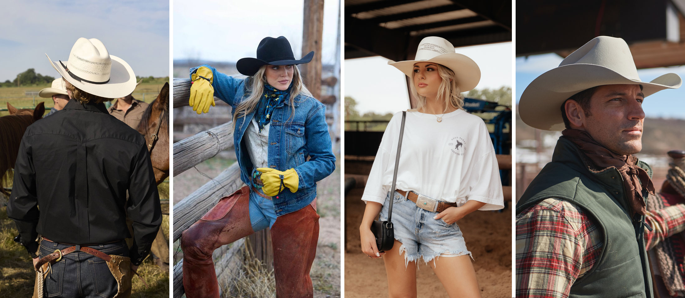 A photo montage of men and women wearing Justin western gear.